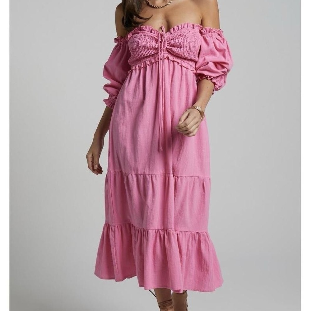 Showpo‎ Nikka Shirred Off Shoulder Puff Sleeve Midi Dress Pink US 12 NEW